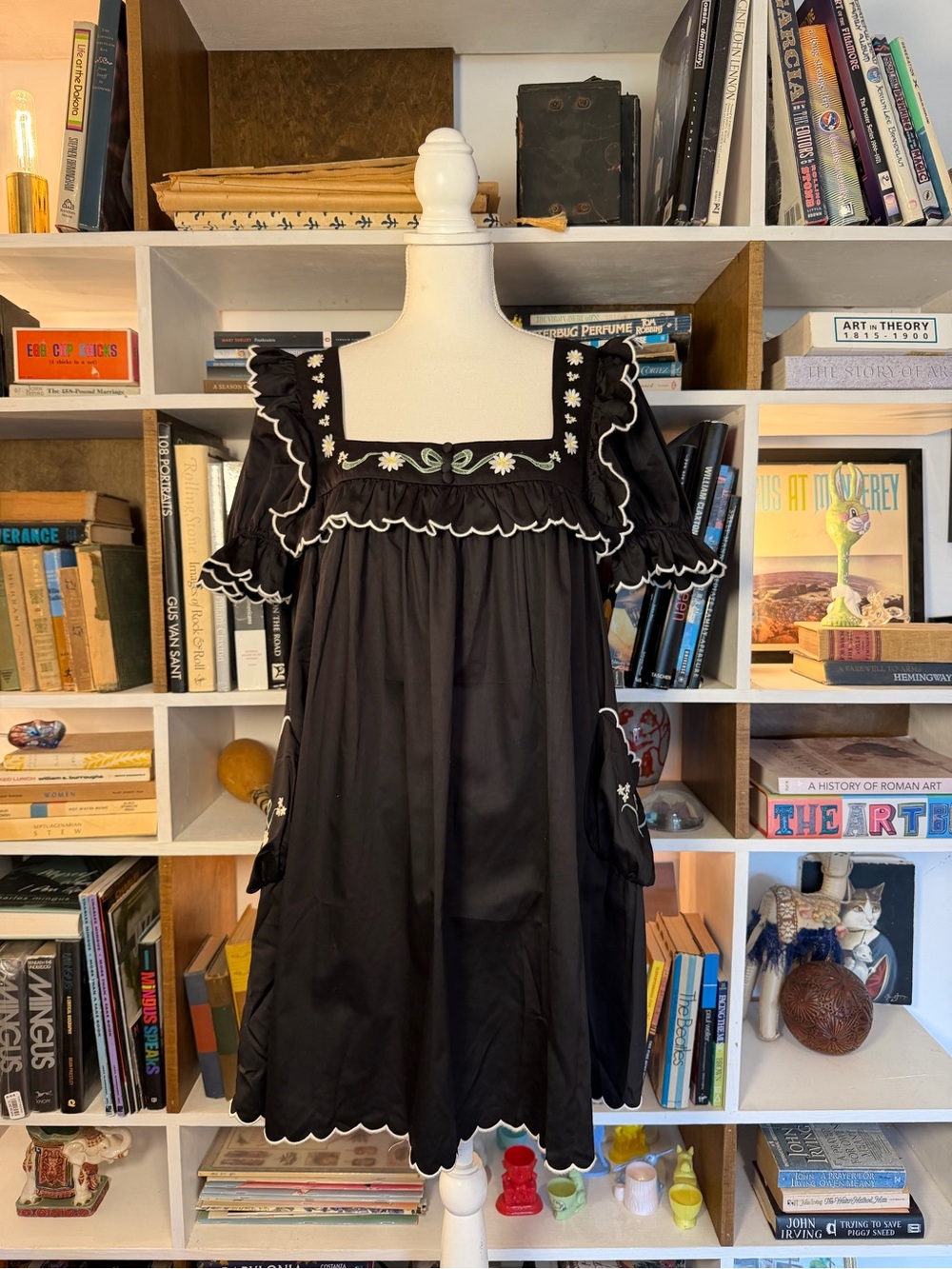 Black Embroidered Square-Neck Smock Dress with Ruffle Trim